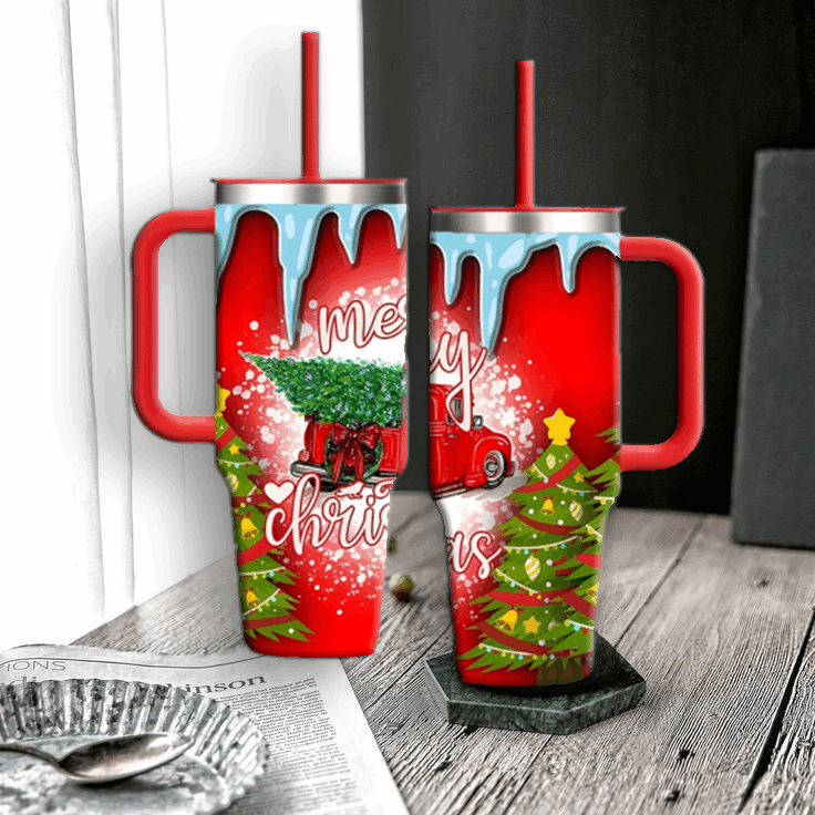 Christmas Car Tree - 40oz Stainless Steel Tumbler with Handle & Straw